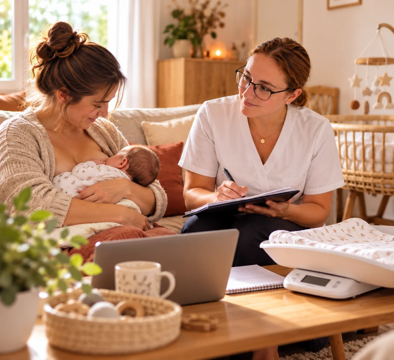 Illustration d'une consultation d'allaitement à domicile avec Magalie Joly, consultante en lactation à Pau, accompagnant une maman et son bébé