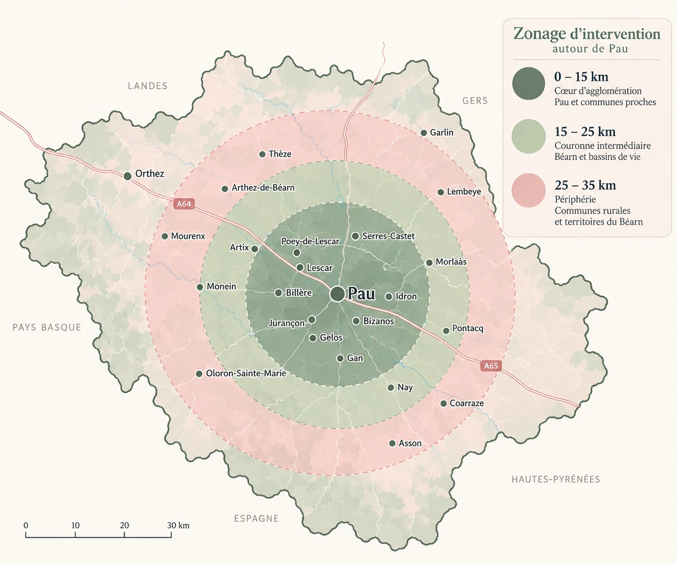 Carte des zones d’intervention autour de Pau, de 0 à 15 km, de 15 à 25 km et de 25 à 35 km